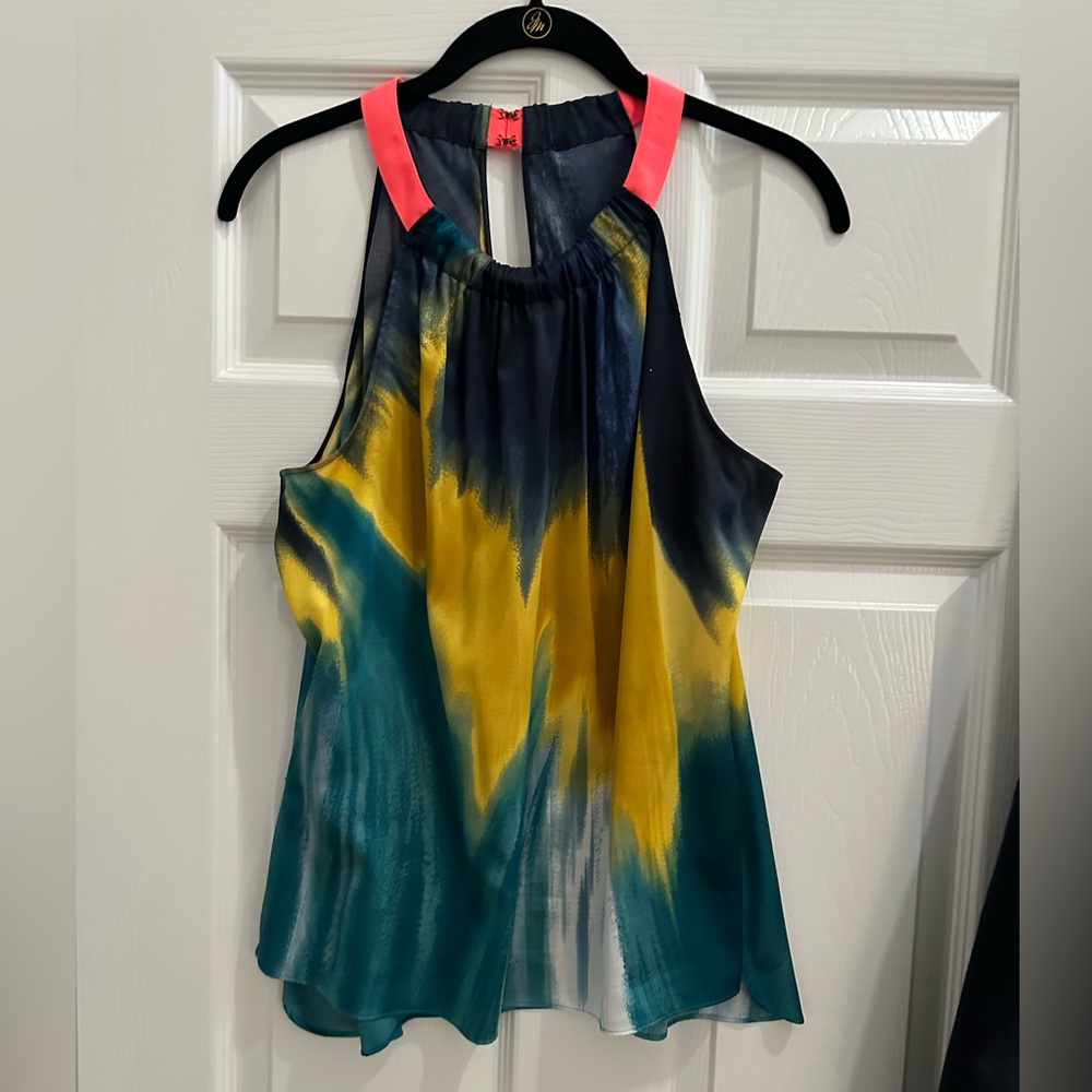 ELIE TAHARI Navy/Gold/Green Sleeveless Women's Halter Top with Neon Neckline.